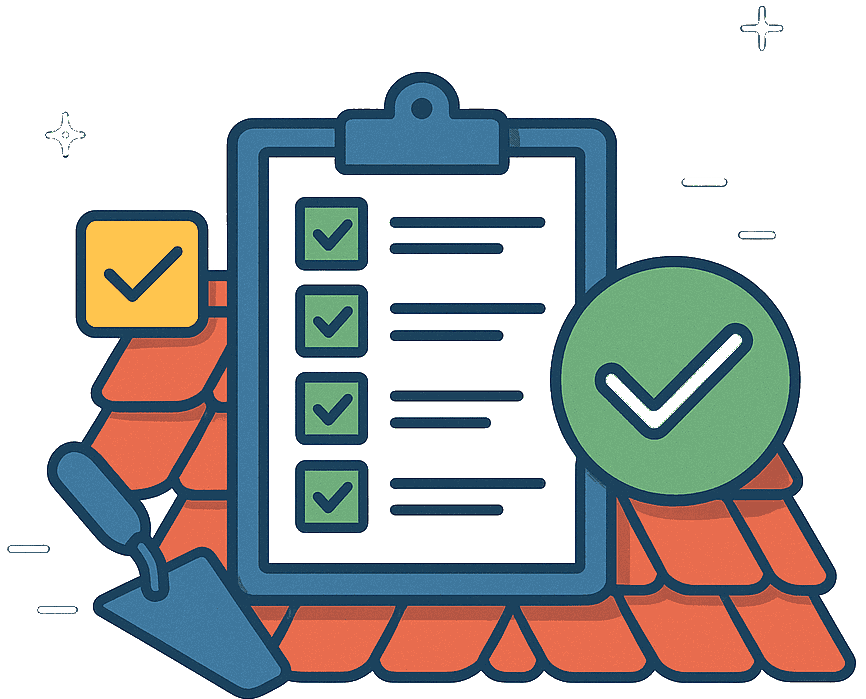 Illustration of a roofing checklist with red clay tiles, clipboard, and check marks representing roof inspection and repair tasks