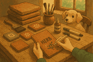 Hands decorating clay tiles with patterns while a dog watches.