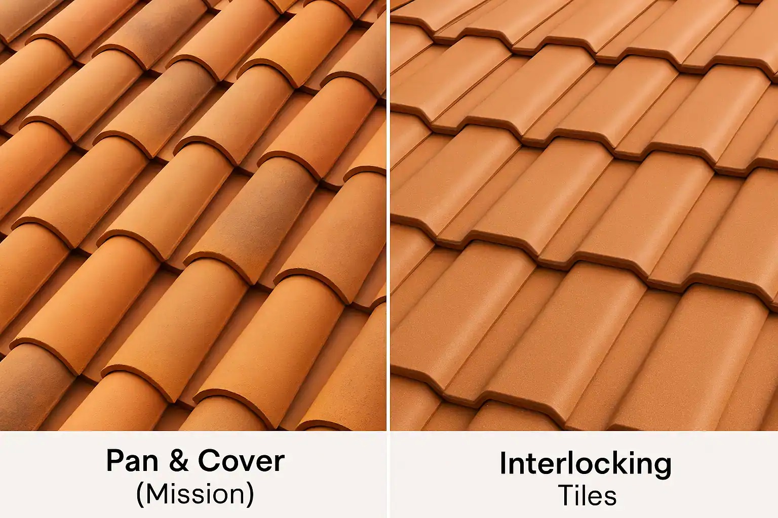 Pan & Cover vs Interlocking Clay Roof Tiles Side-by-side comparison showing Pan & Cover (Mission) clay roof tiles with curved two-piece design beside Interlocking clay roof tiles with tight-fitting single-piece joints, illustrating maximum weather protection from wind-driven rain and snow.