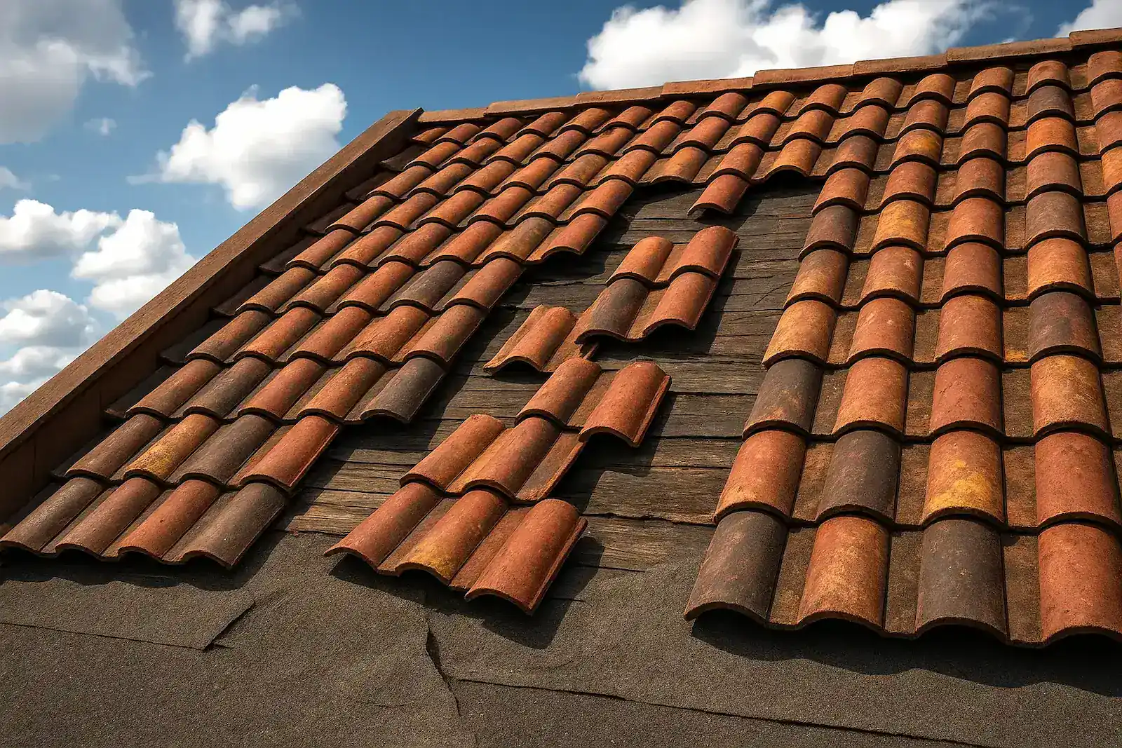 Reclaimed clay roof tiles falling from a roof
