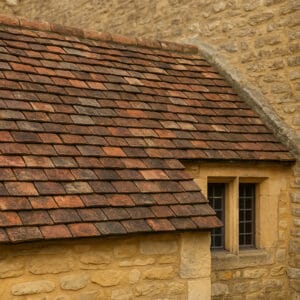 Reclaimed clay roof tiles on a historic European stone building — weathered antique tiles in warm earth tones, symbolizing architectural heritage.