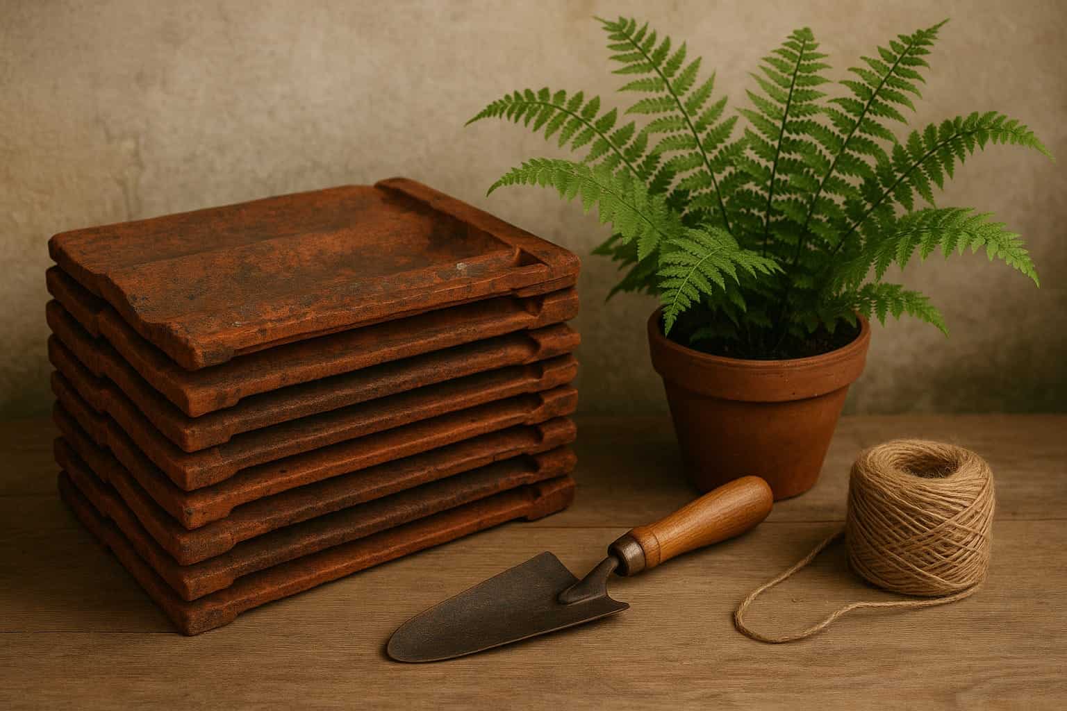 A stack of reclaimed clay roof tiles with a fern plant, garden trowel, and jute twine, styled as a natural green-building hero image.