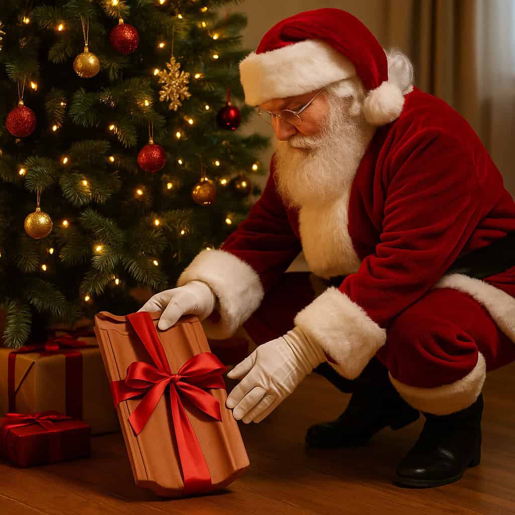 Santa Claus placing a roof tile wrapped with a red ribbon under a Christmas tree.