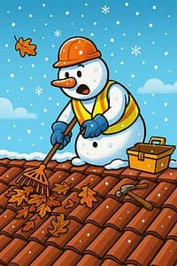Cartoon snowman in a safety vest clearing leaves off a clay tile roof during snowfall