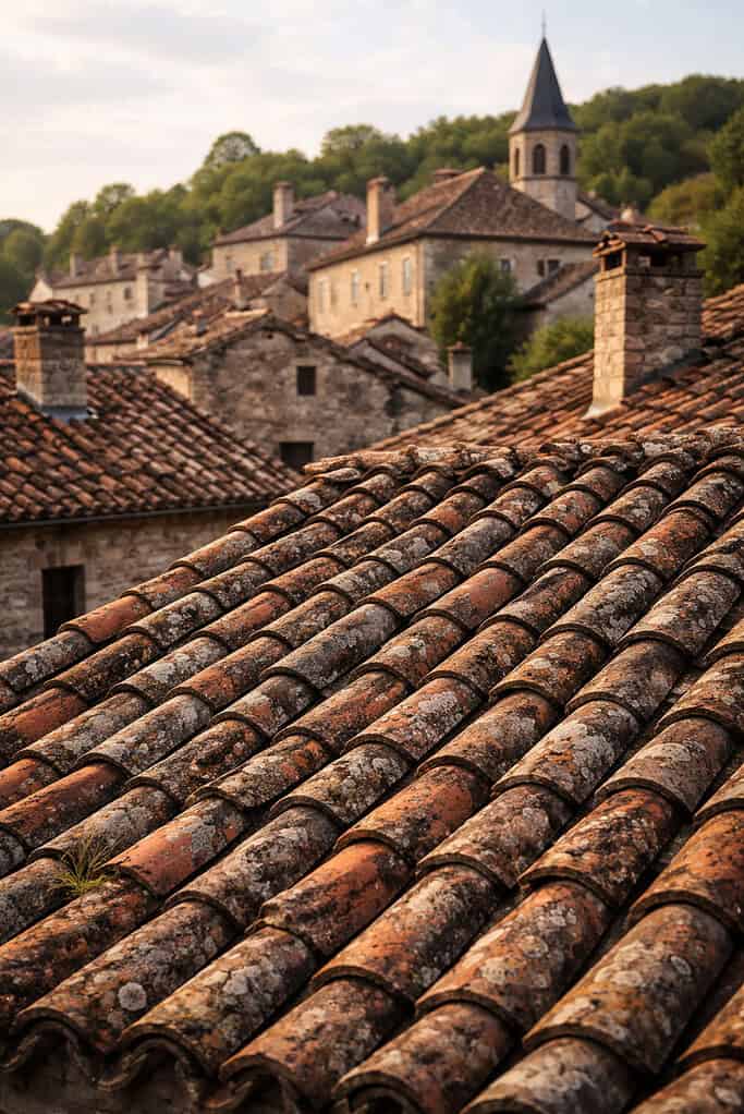 Reclaimed clay roof tiles on a historic European building, showing century-old texture and patina